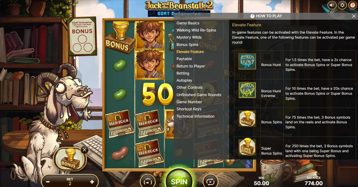 Elevate feature buy menu showing Bonus Hunt, Bonus Hunt Extreme, Bonus Spins and Super Bonus Spins