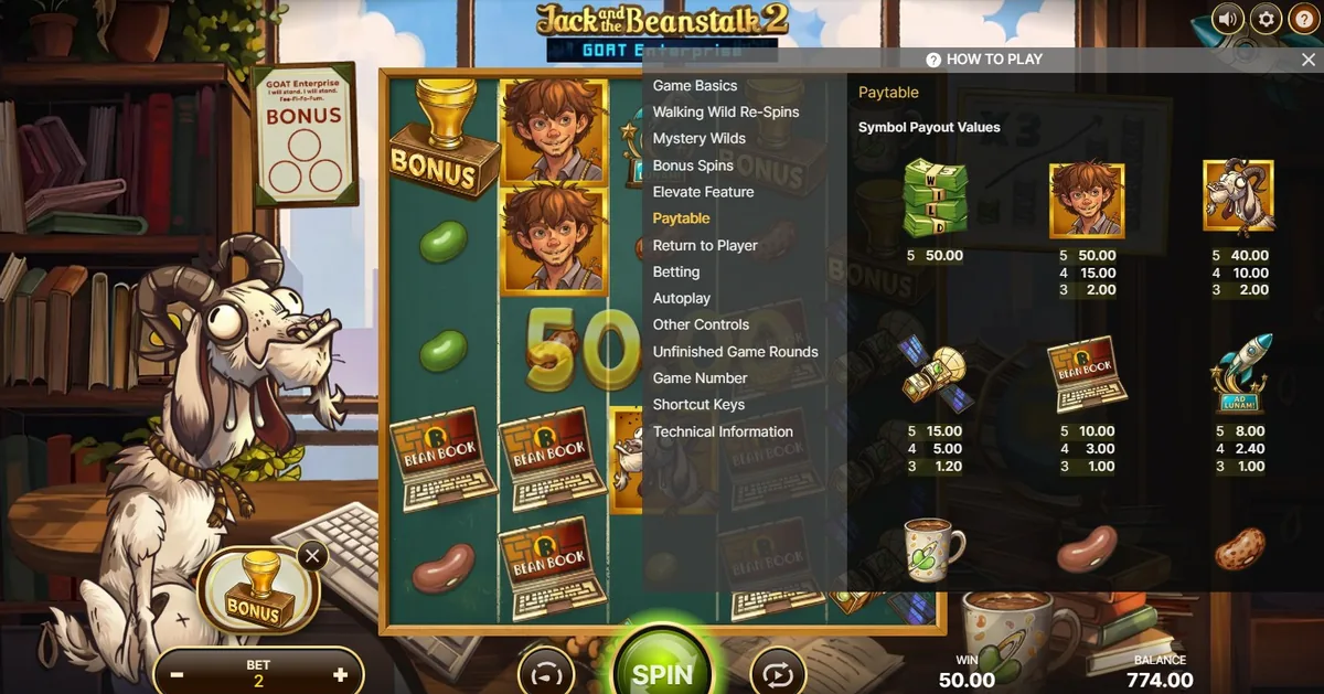 In-game paytable for Jack and the Beanstalk 2 showing symbol values