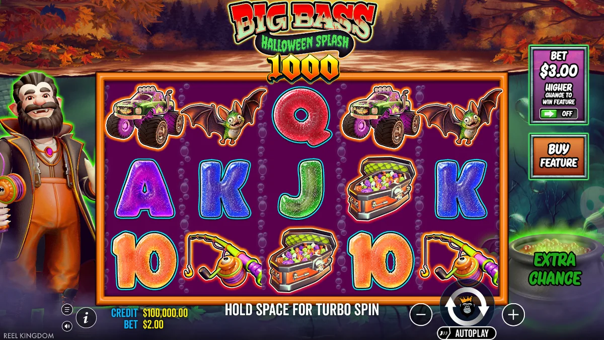 Big Bass Halloween Splash 1000 base game: 5x3 reels, ante bet and buy feature panel, cauldron for collected scatters