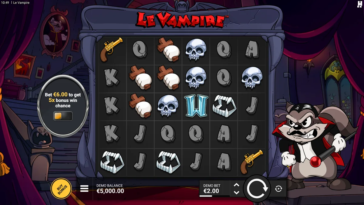 Le Vampire base game: 6x5 cluster grid with Smokey the raccoon in a vampire cape