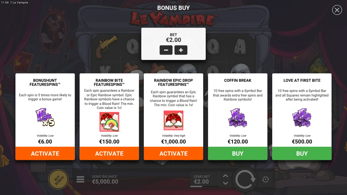 Le Vampire bonus buy menu with FeatureSpins and bonus prices at a 2.00 bet