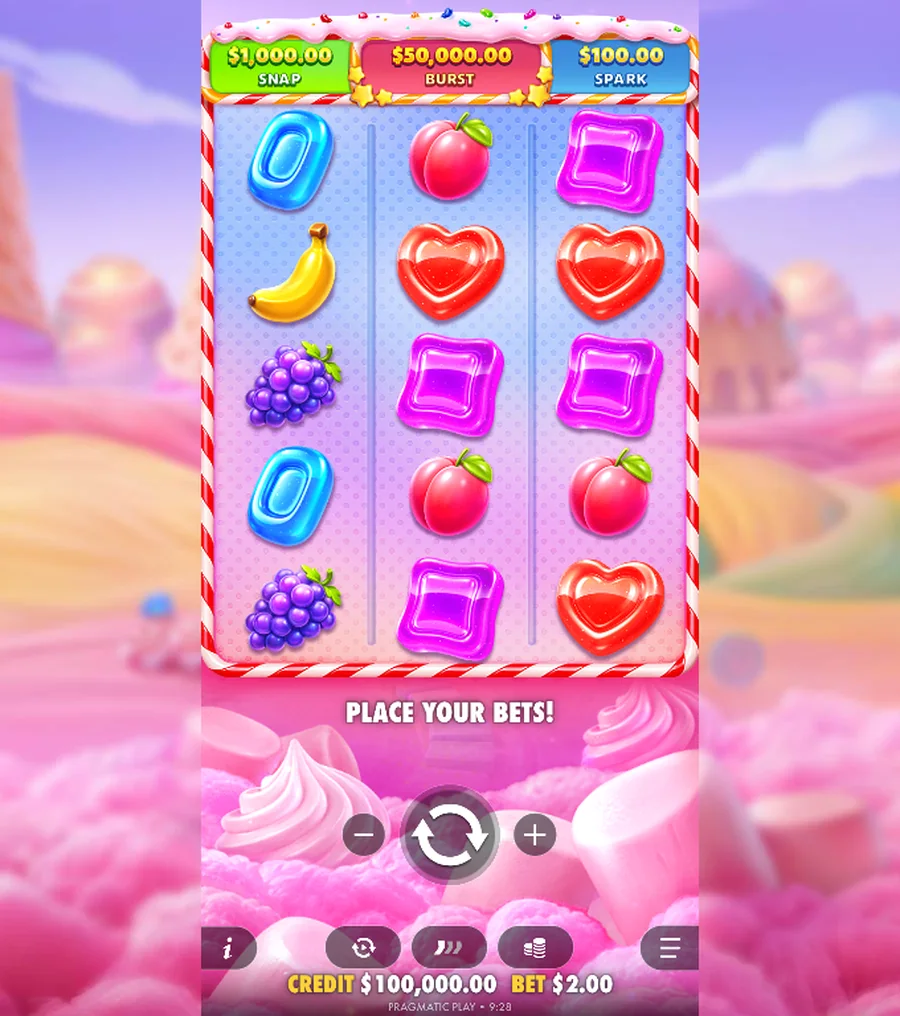 Sweet Bonanza Pop base game: 3x5 candy grid with the SNAP, BURST and SPARK prize labels above the reels