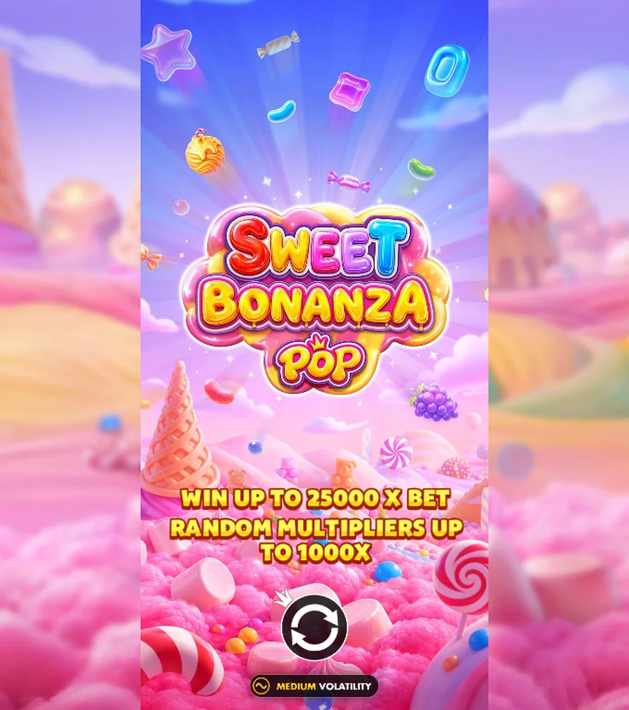 Sweet Bonanza Pop intro screen: win up to 25,000x bet and random multipliers up to 1,000x, medium volatility